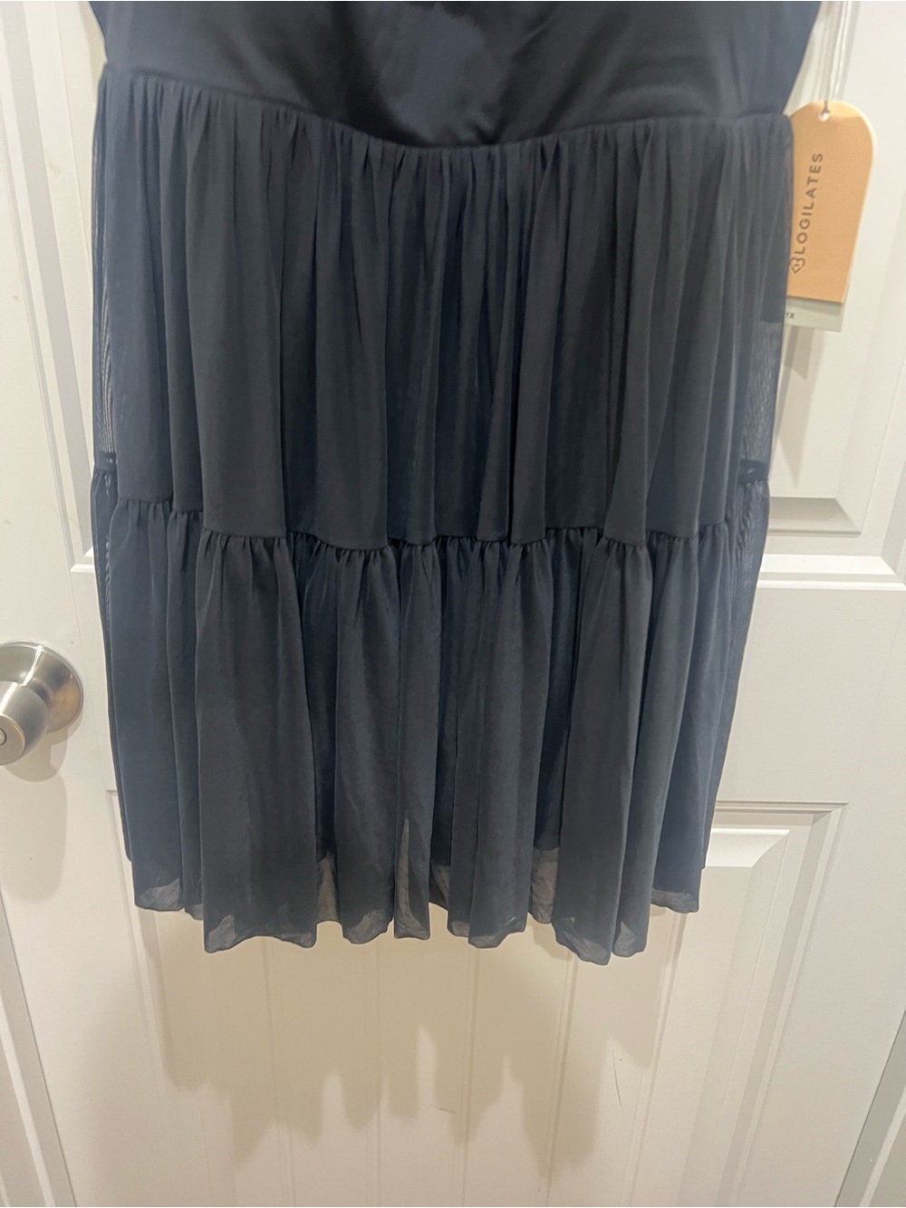 Tiered Black Chemise Slip Dress with Draped Neckline - Picture 3 of 10